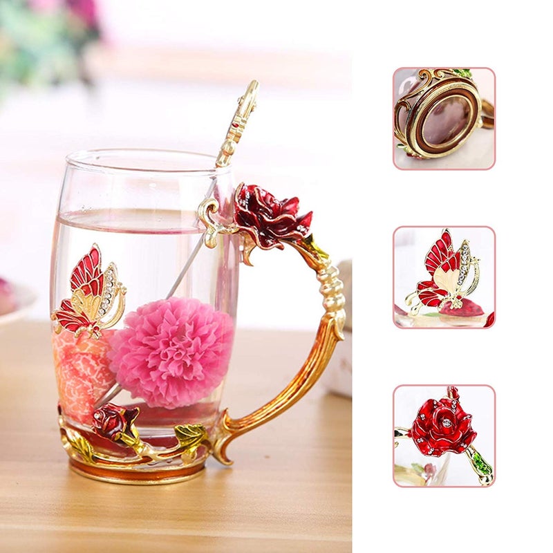 DasyFly Birthday Gifts For Women,Enamel Butterfly Flower Glass Tea Cup Rose Red Coffee Mug,Cute Gifts For Mom Grandma Women Wife Female Friend on Mothers day Anniversary Christmas Valentines - Image 3
